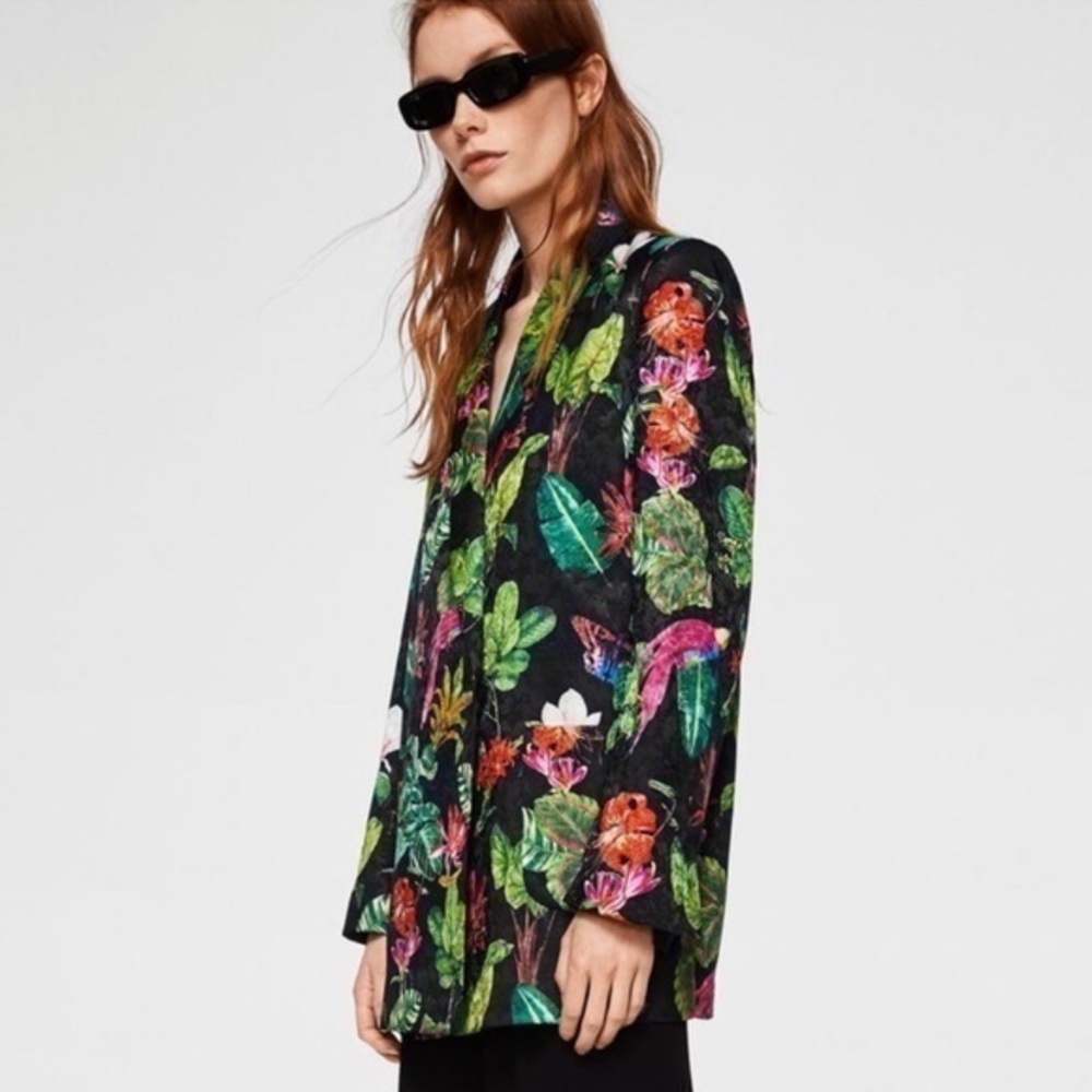 Mango Satin Tropical Floral Bird Print Oversized Boyfriend Cut Blazer